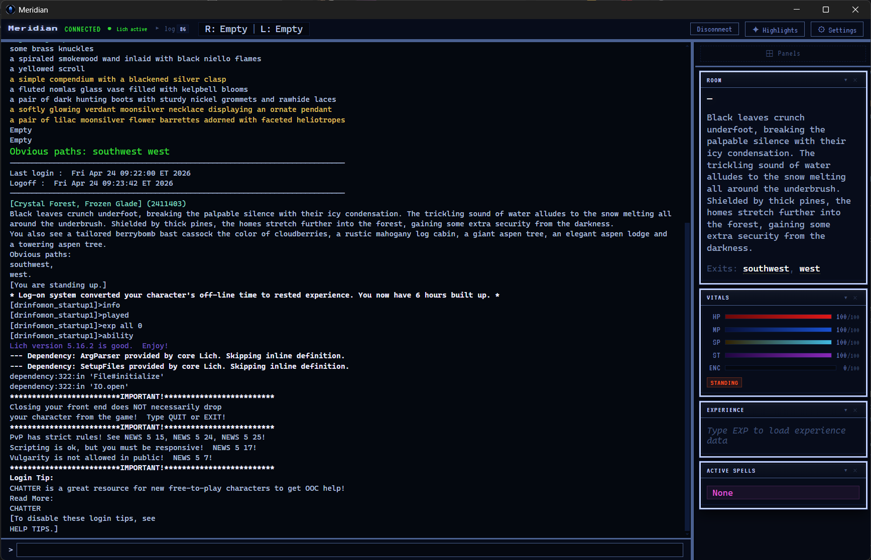 Meridian game view — real-time output, vitals, room panel, spell tracking